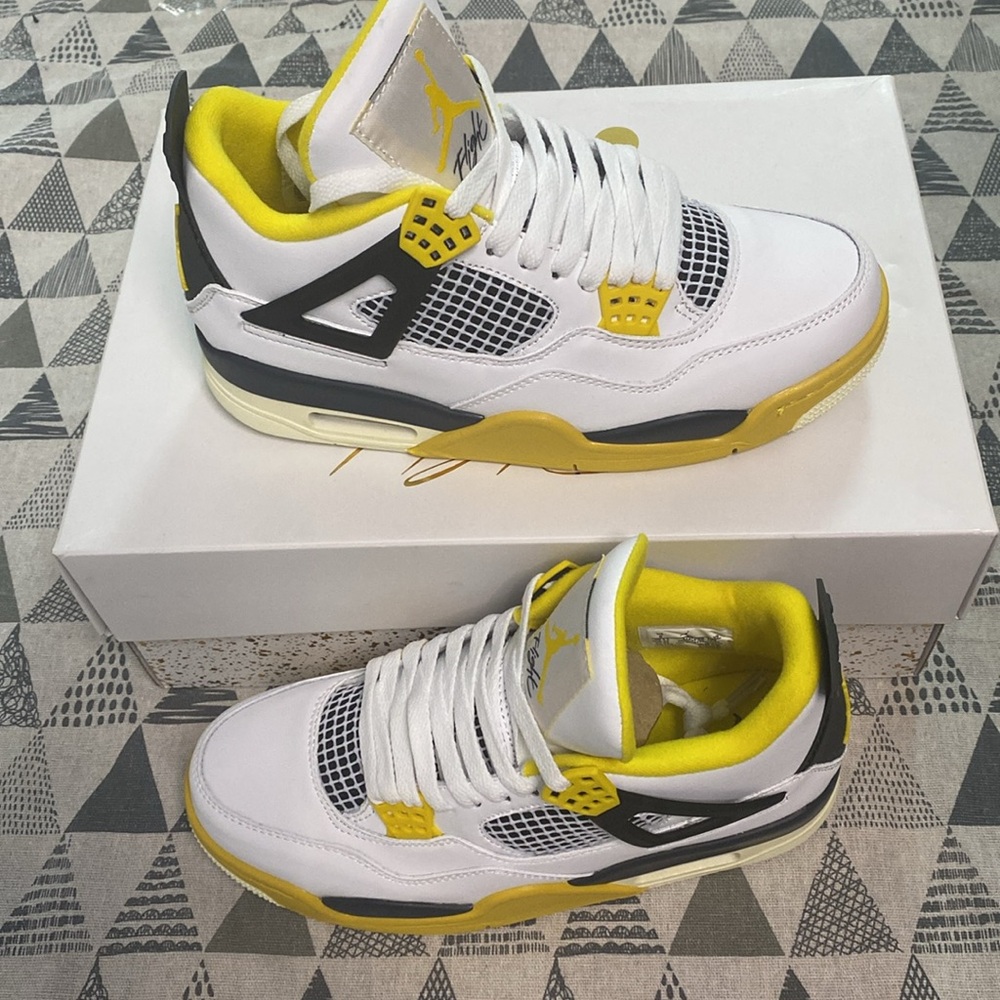 Air Jordan Aj4 Unisex Retro Sneakers White Orange Yellow
